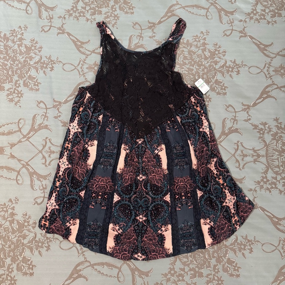 Free People Count Me In Trapeze Boho Mini Dress Top Black Combo Size Large